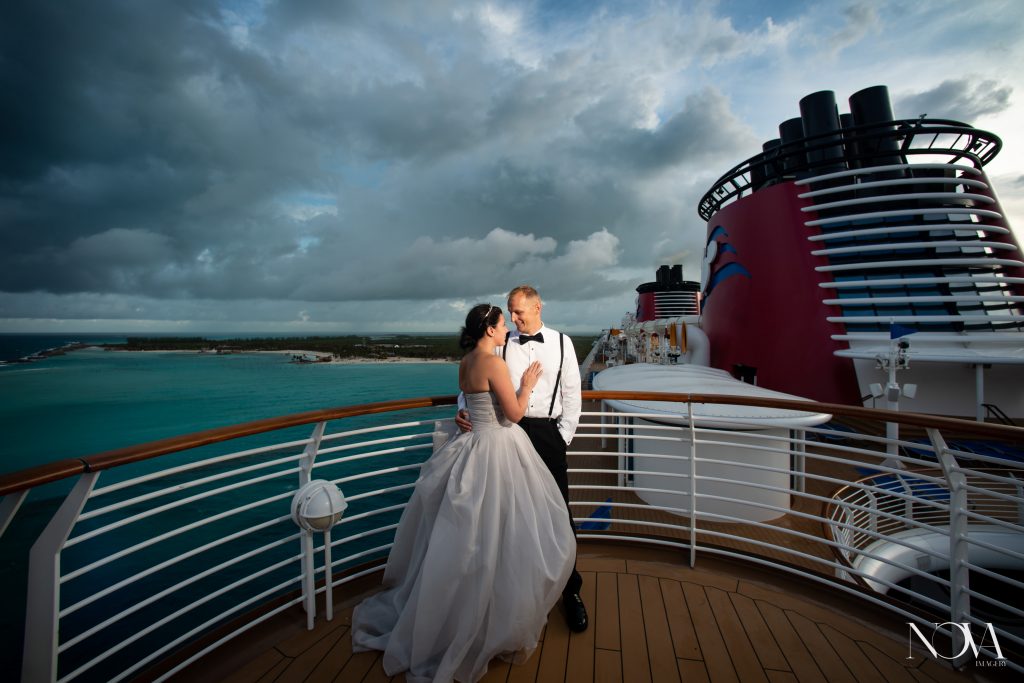 Couple gazing at each other during their Disney cruise line wedding photo session.