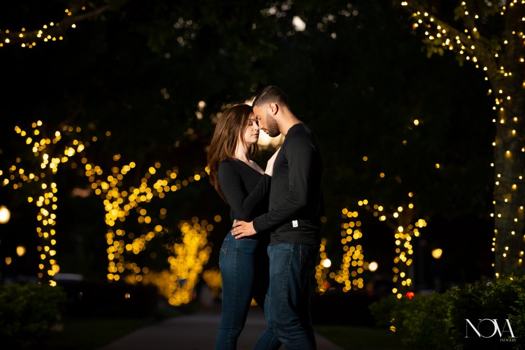 Couple’s photo during their Christmas engagement shoot in Winter Garden.
