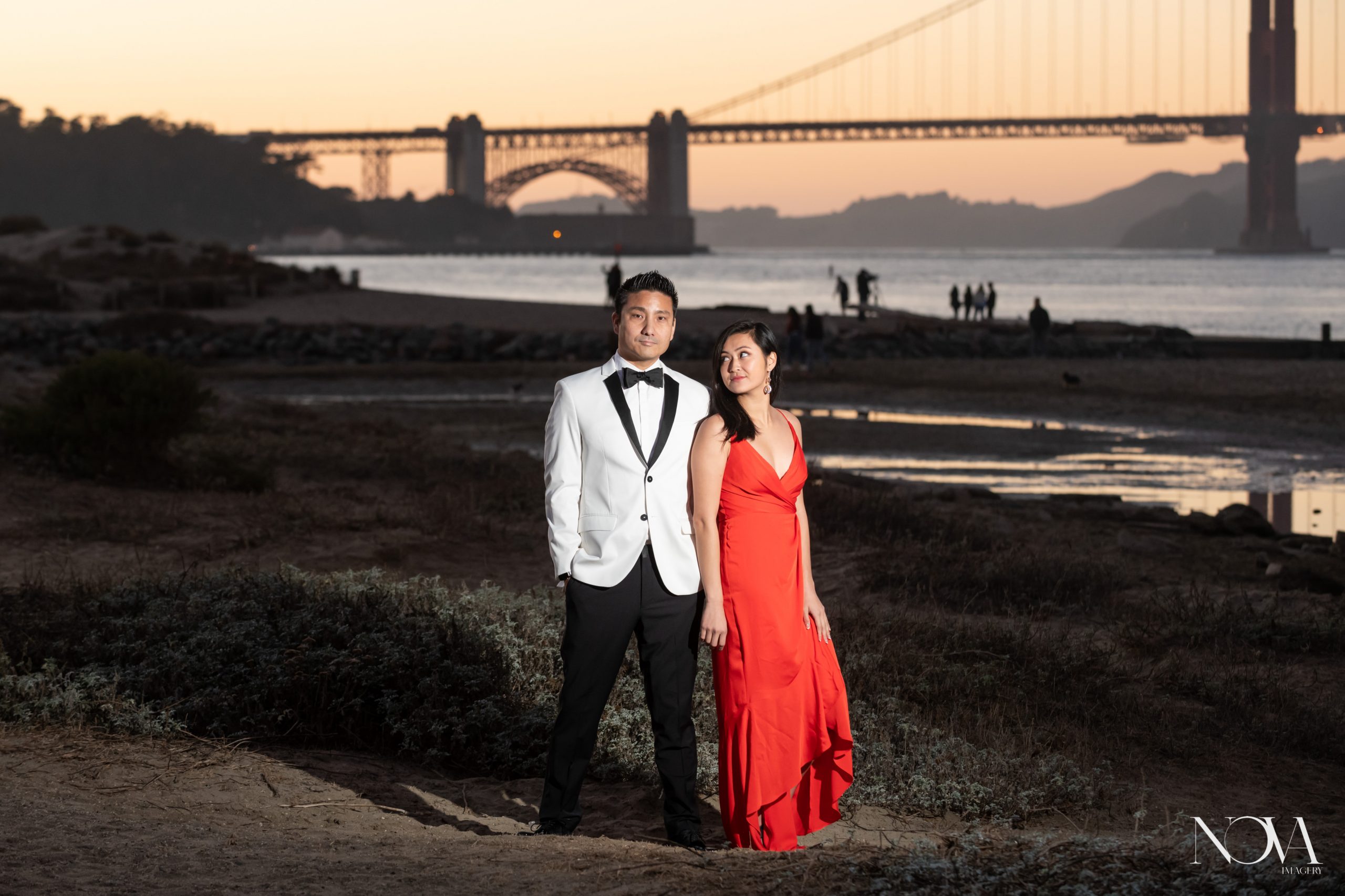 Editorial styled engagement session in San Francisco during sunset.