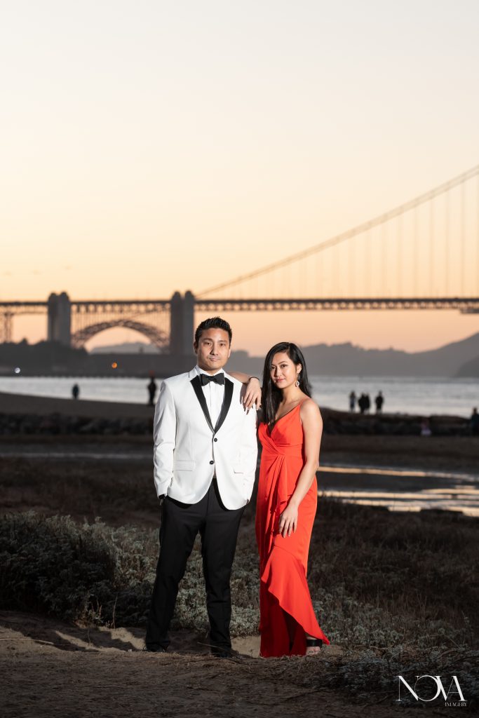 Couple in a stoic, editorial pose during their San Francisco engagement photo session.