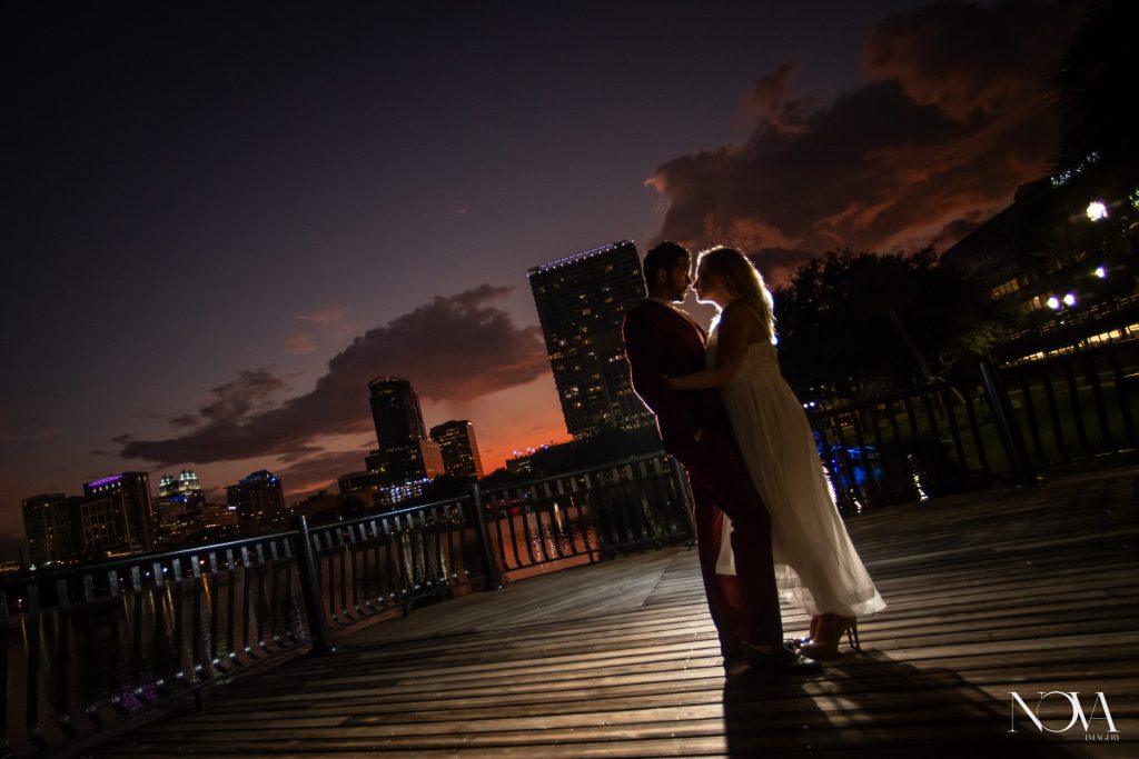 Silhouette photo of engaged couple during their engagement photo session at Lake Eola.