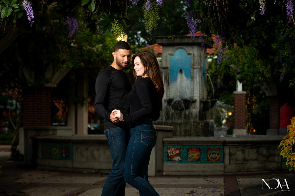 Couple dancing during their Downtown Winter Garden engagement session.