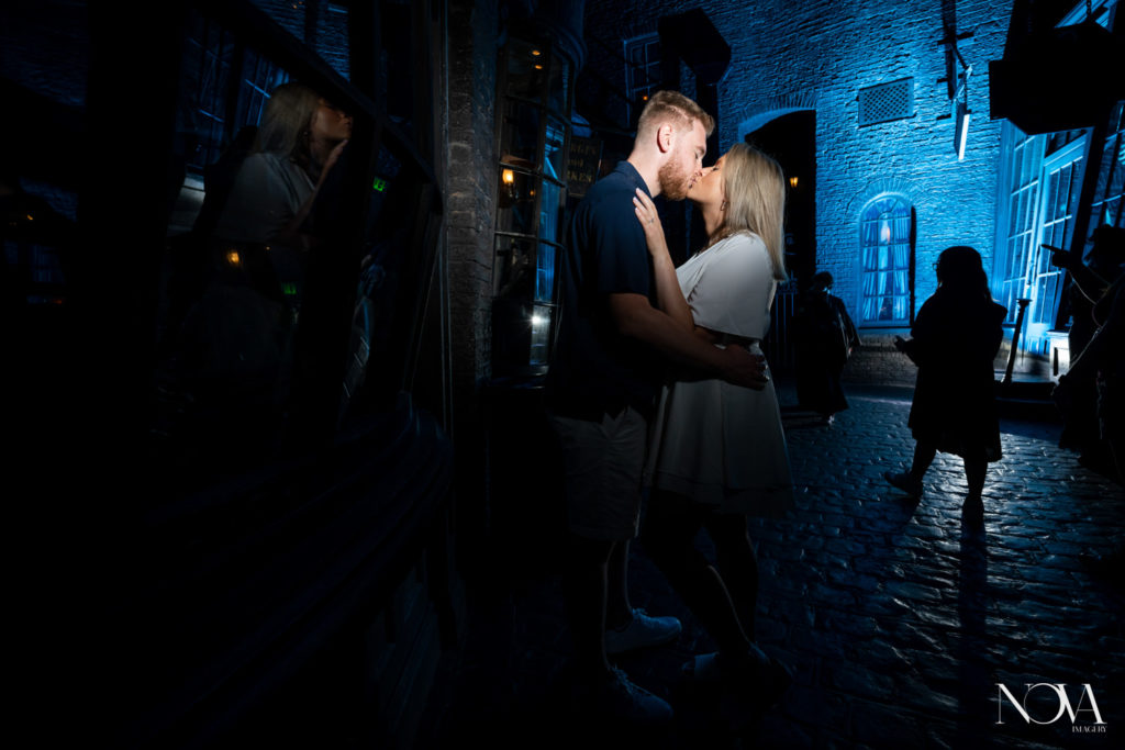 Soon to be bride and groom kiss for Hogwarts proposal photography