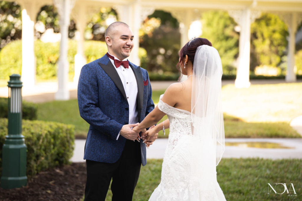 bride and groom's first look photography at disney's wedding pavilion