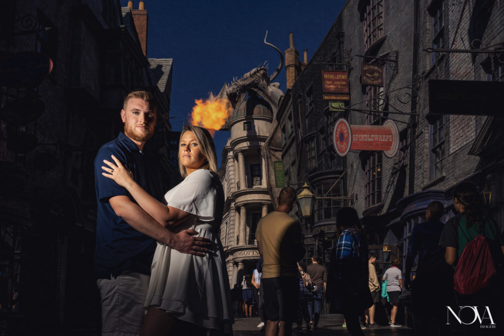 Hogwarts proposal photography at Diagon Alley