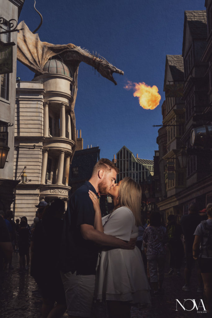Couple at Diagon Alley after Hogwarts proposal photography