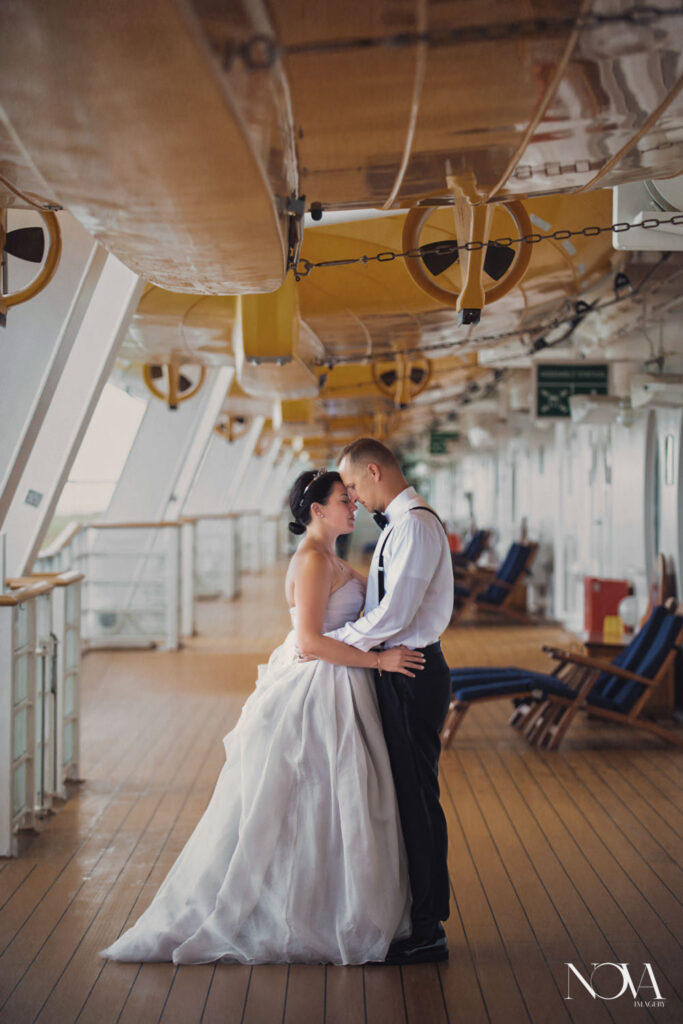 Intimate bride and groom portrait during Disney cruise wedding.