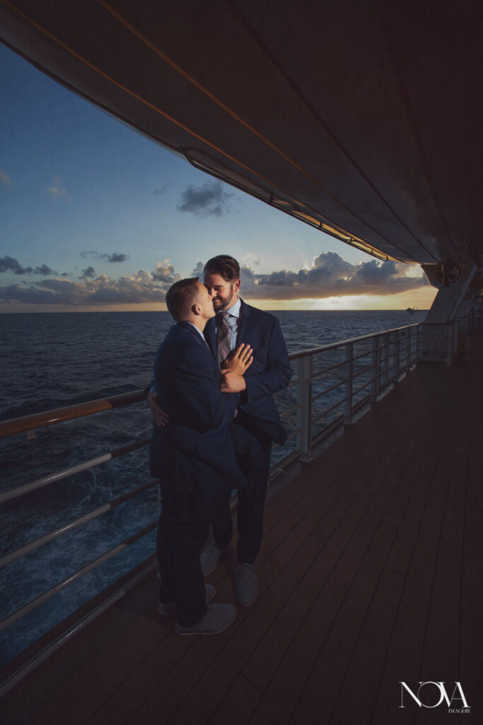 Nova imagery capturing Disney Cruise Line wedding photography outside during sunset.