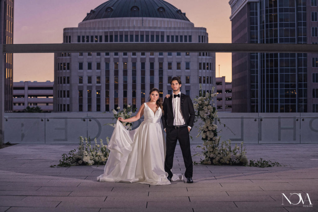 Orlando wedding photographers capture the sunset photos at Dr Phillips Center.