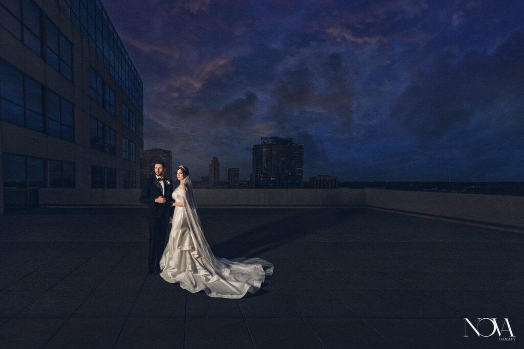 Wedding portrait of bride and groom at the Balcony Orlando.