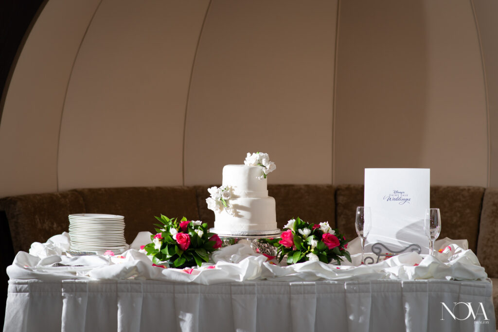 DCL wedding photography of cake and champagne celebration. 