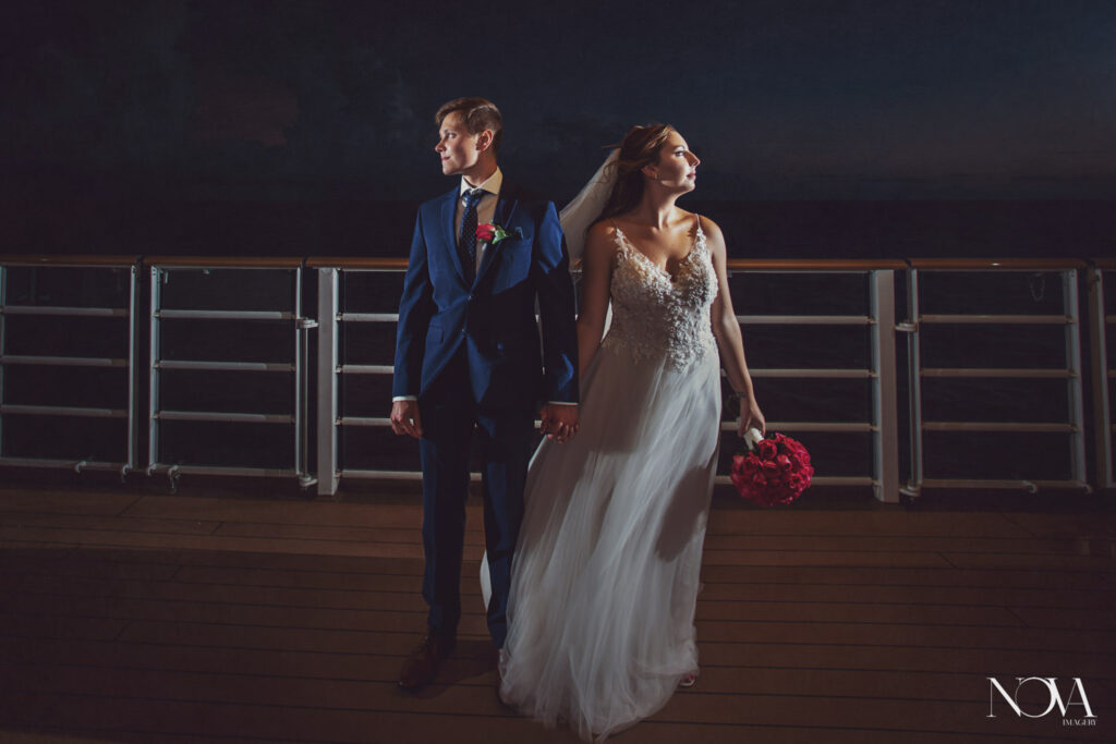 Bride and groom captured by photographer during sunset for their DCL wedding photography.