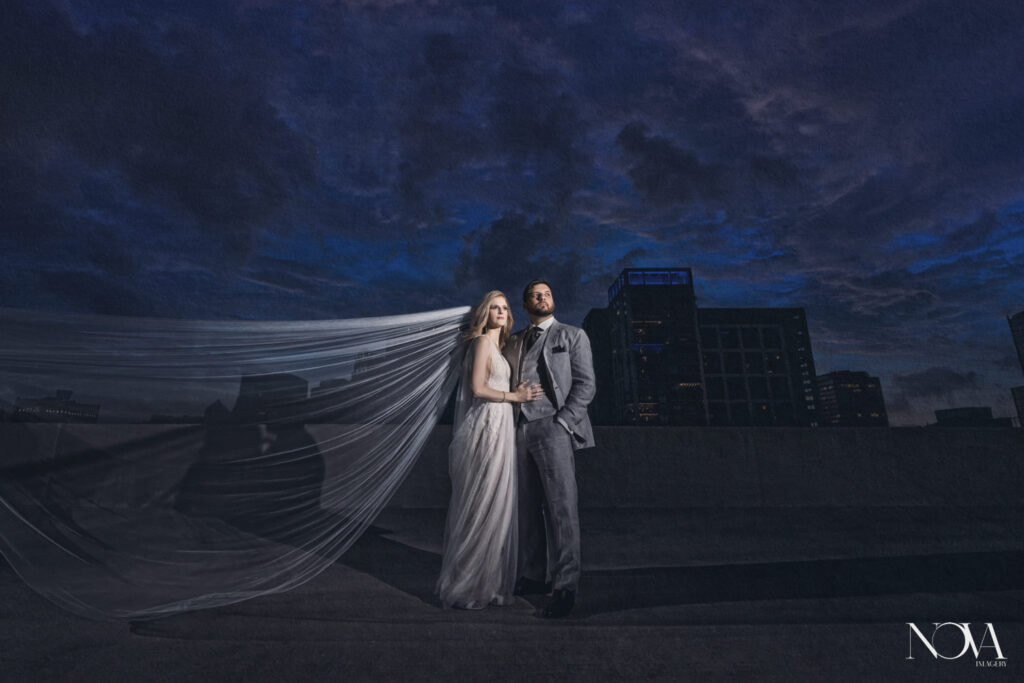 Wedding photographer, Nova Imagery captures nighttime photos in Downtown Orlando's Dr. Phillips House.