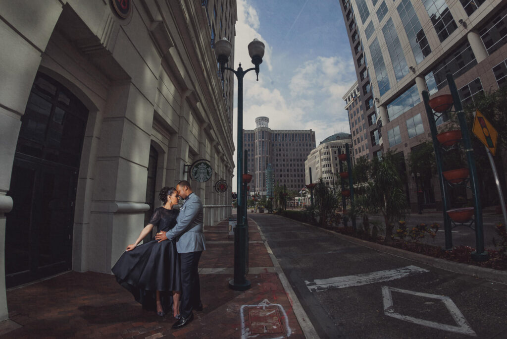 Modern and historic buildings in Downtown Orlando, a dynamic Orlando engagement photo location.