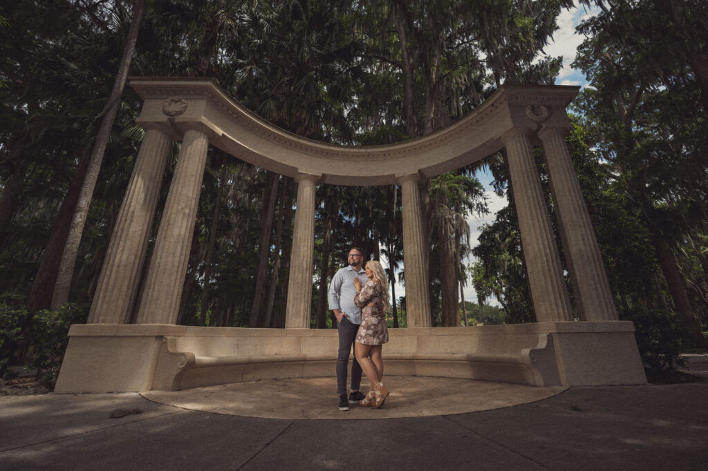 Cypress trees and azaleas at Kraft Azalea Garden, a romantic Orlando engagement photo location.