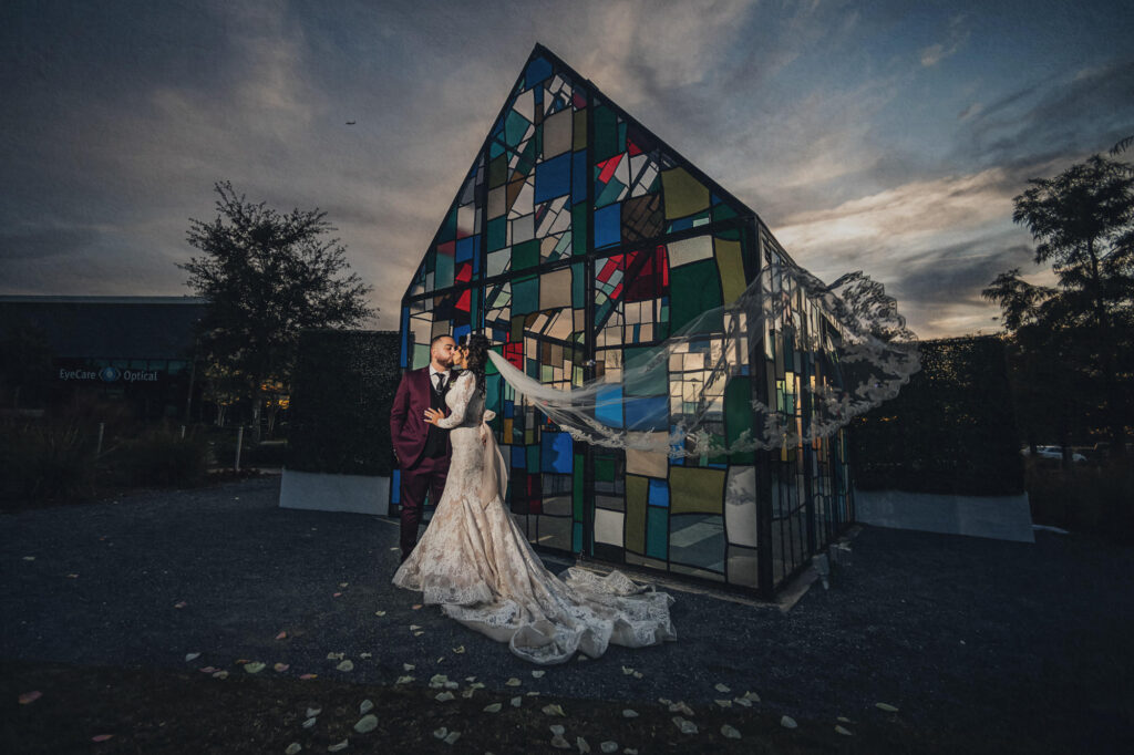 Modern architecture and scenic lake at Lake Nona, a top Orlando engagement photo location.