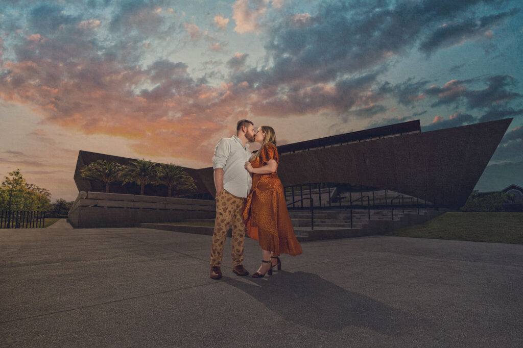 Couple in an urban setting for their engagement photoshoot